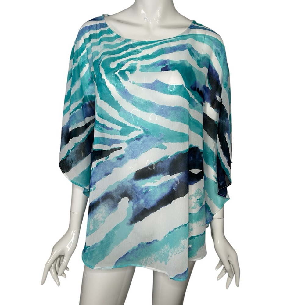 Chico's Abstract Kimono Sleeve Blue Tunic Size S/M Relaxed Artsy Coastal Flowy